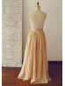 Champagne Chiffon Deep V Neckline Beading Prom Dress